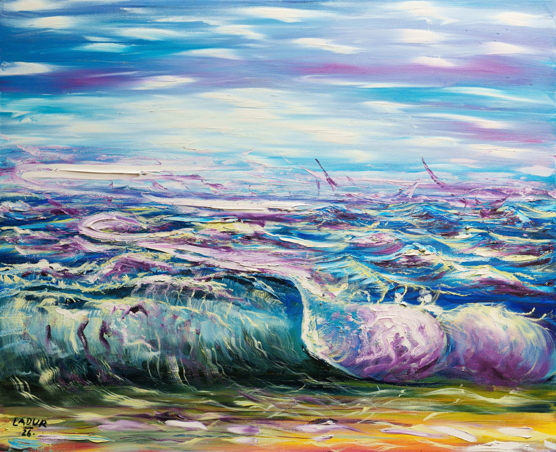 A breaking wave under a violet sky in moonlight