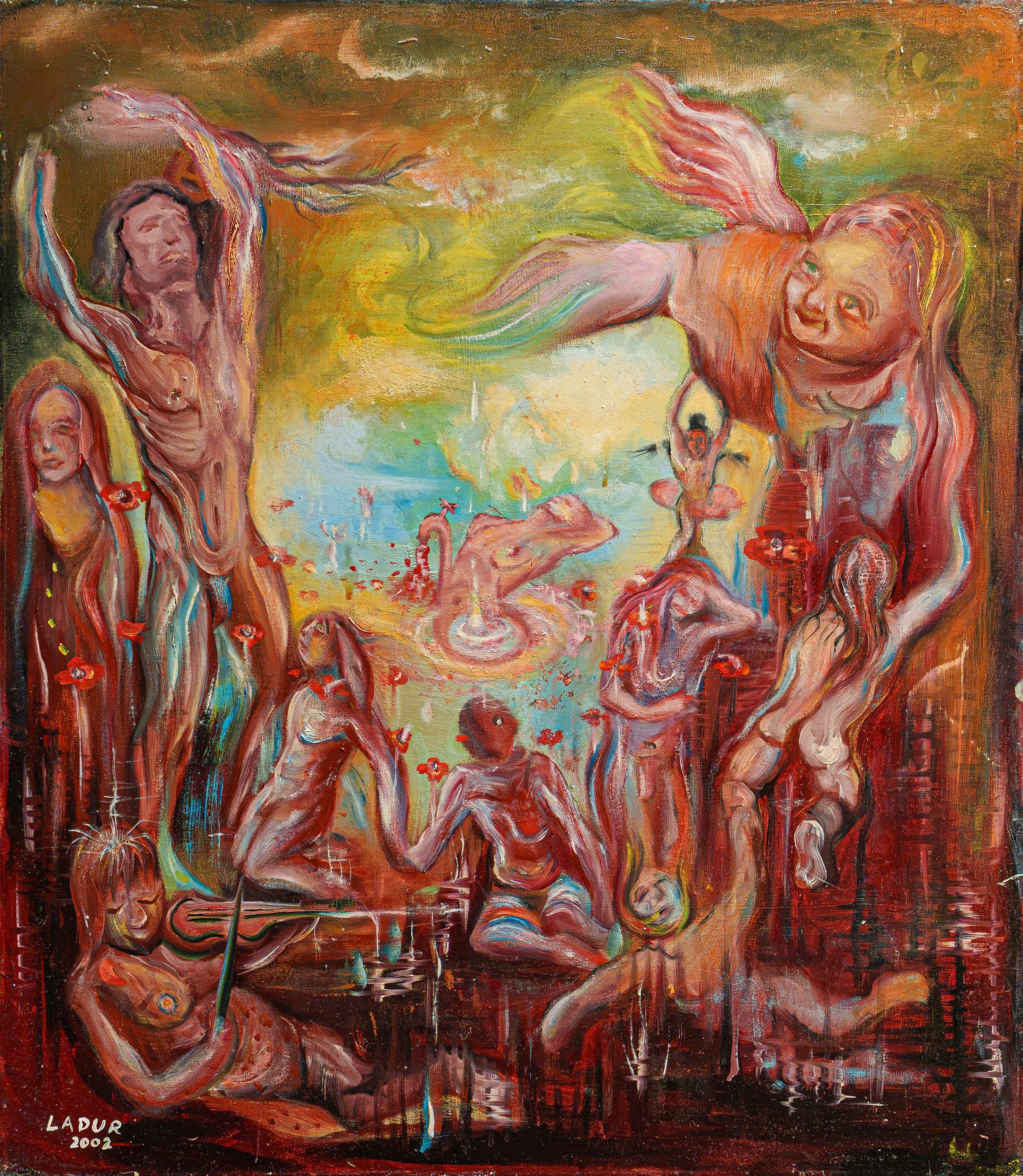 A red-toned crowd of nude figures and fantastical creatures