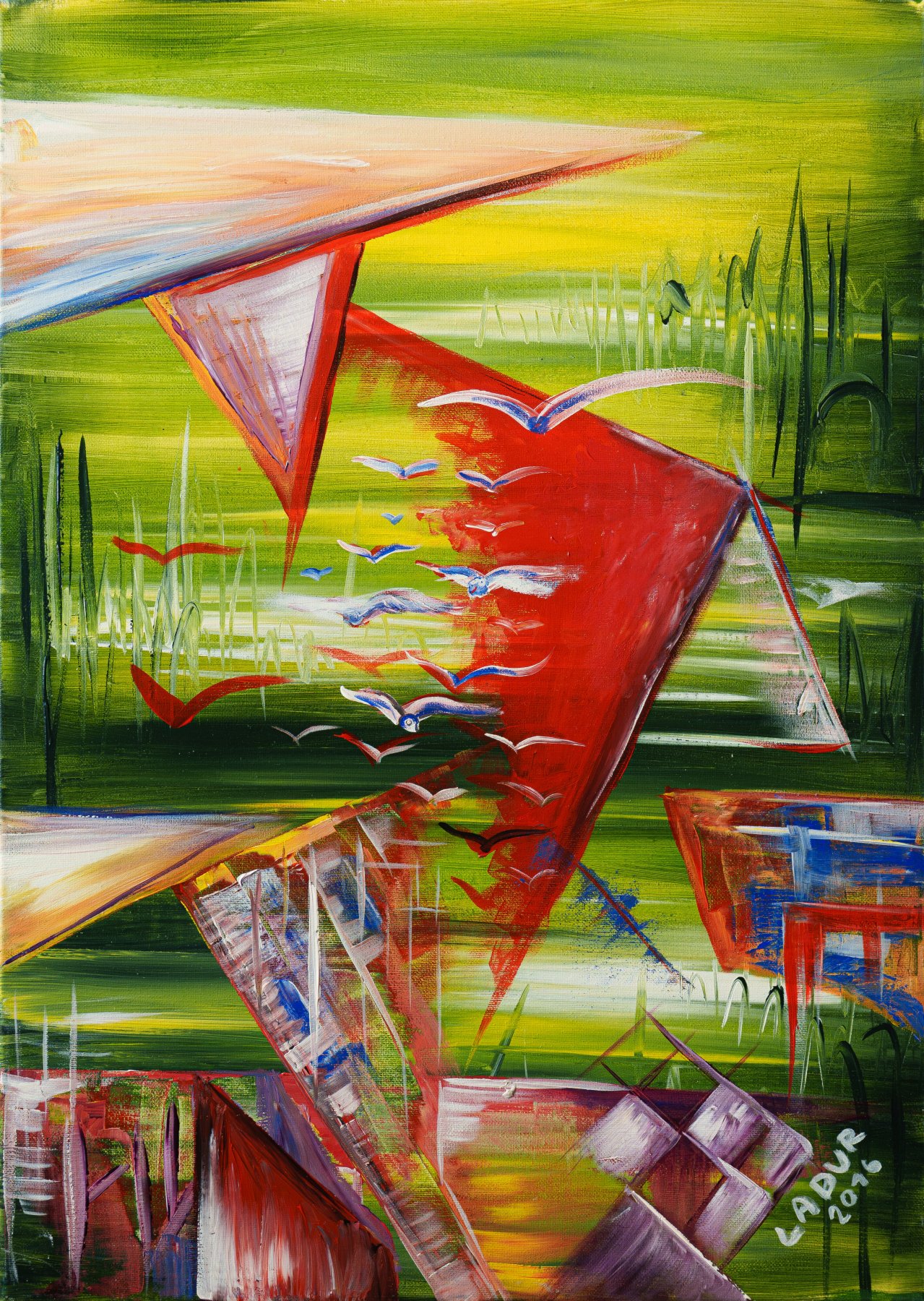 Red and white angular planes over green, a geometric composition