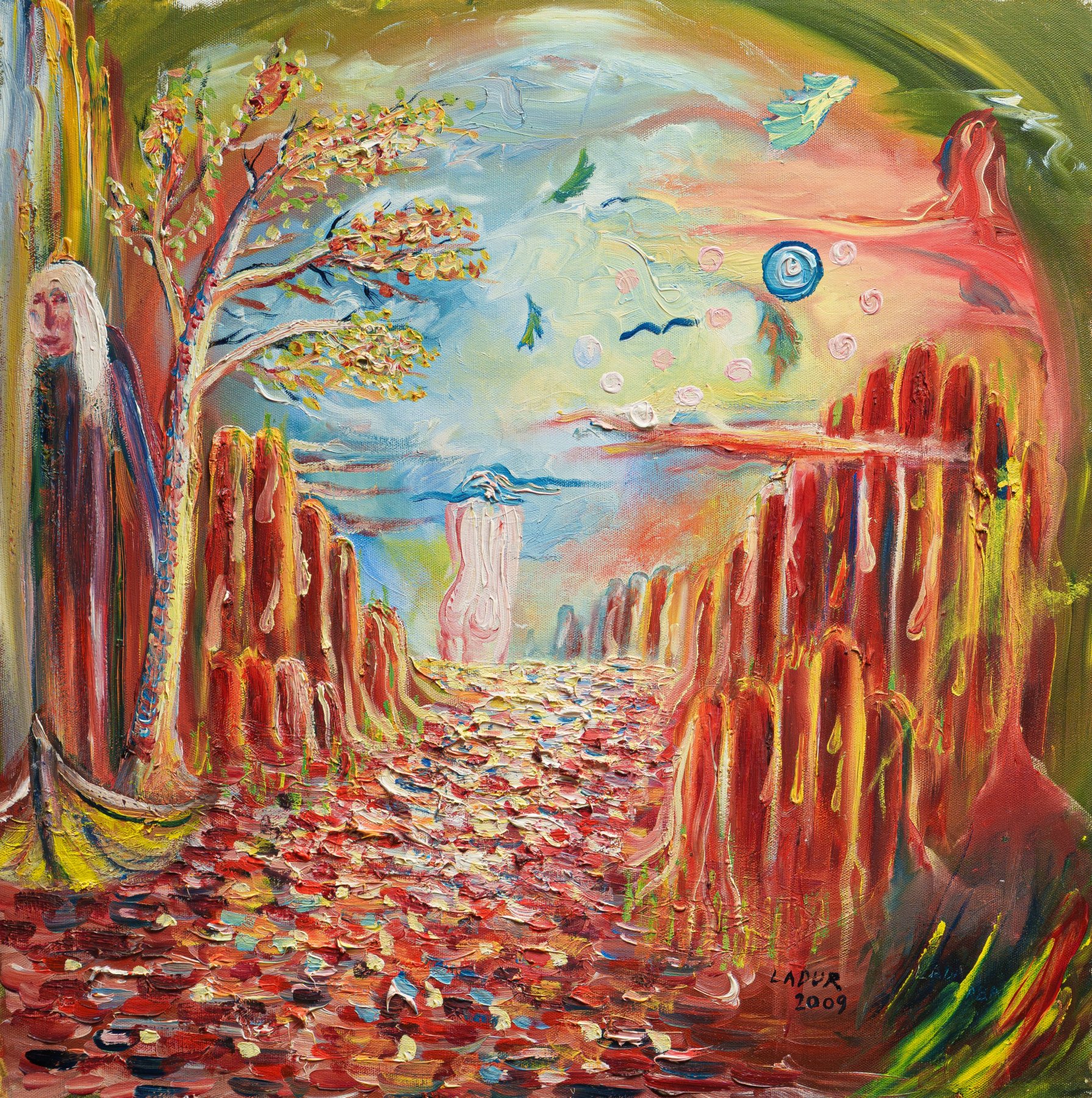 A path of leaves between rust-coloured columns, a distant figure and an old man's face