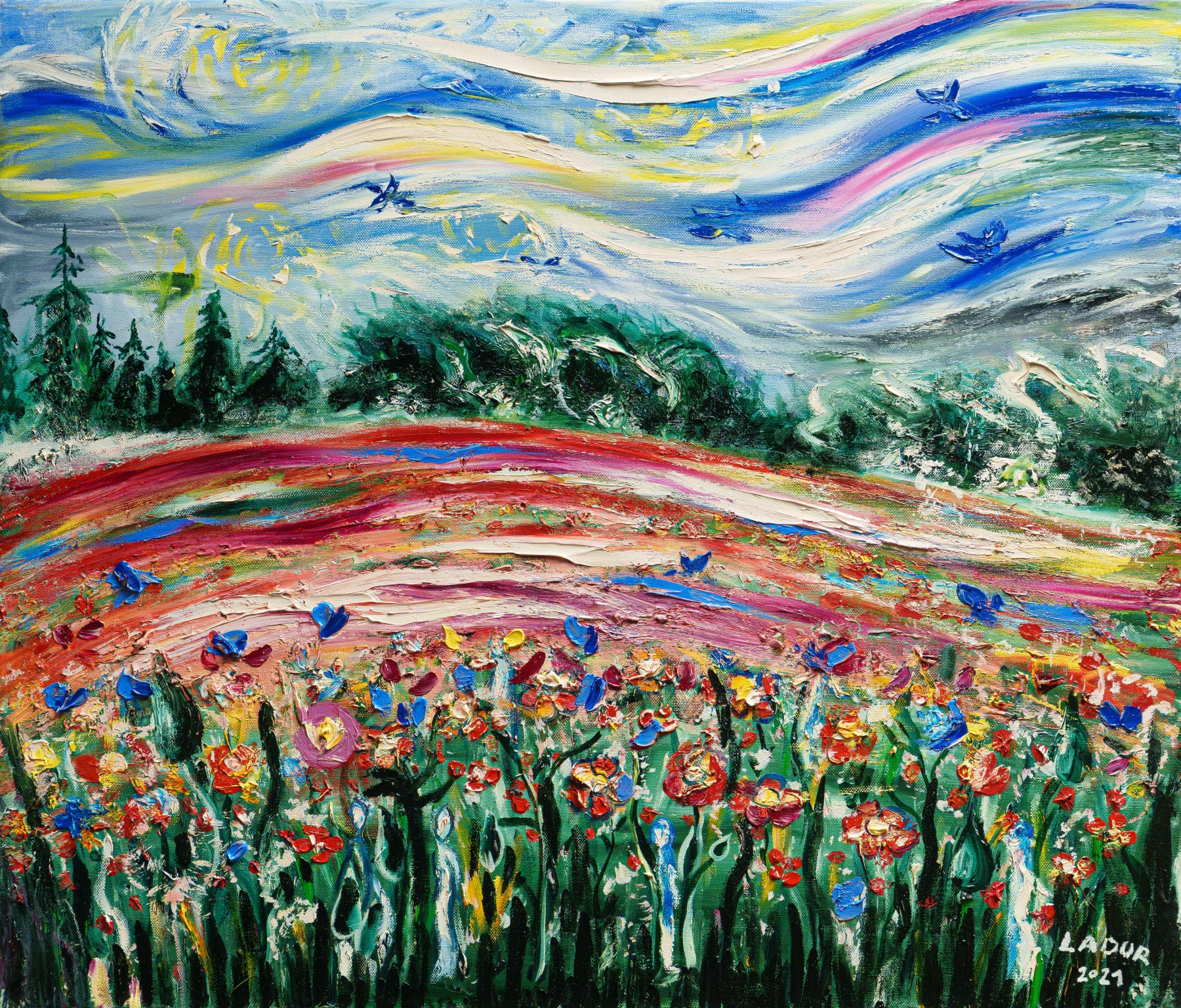 A flowering meadow beneath a dark treeline and a swirling sky