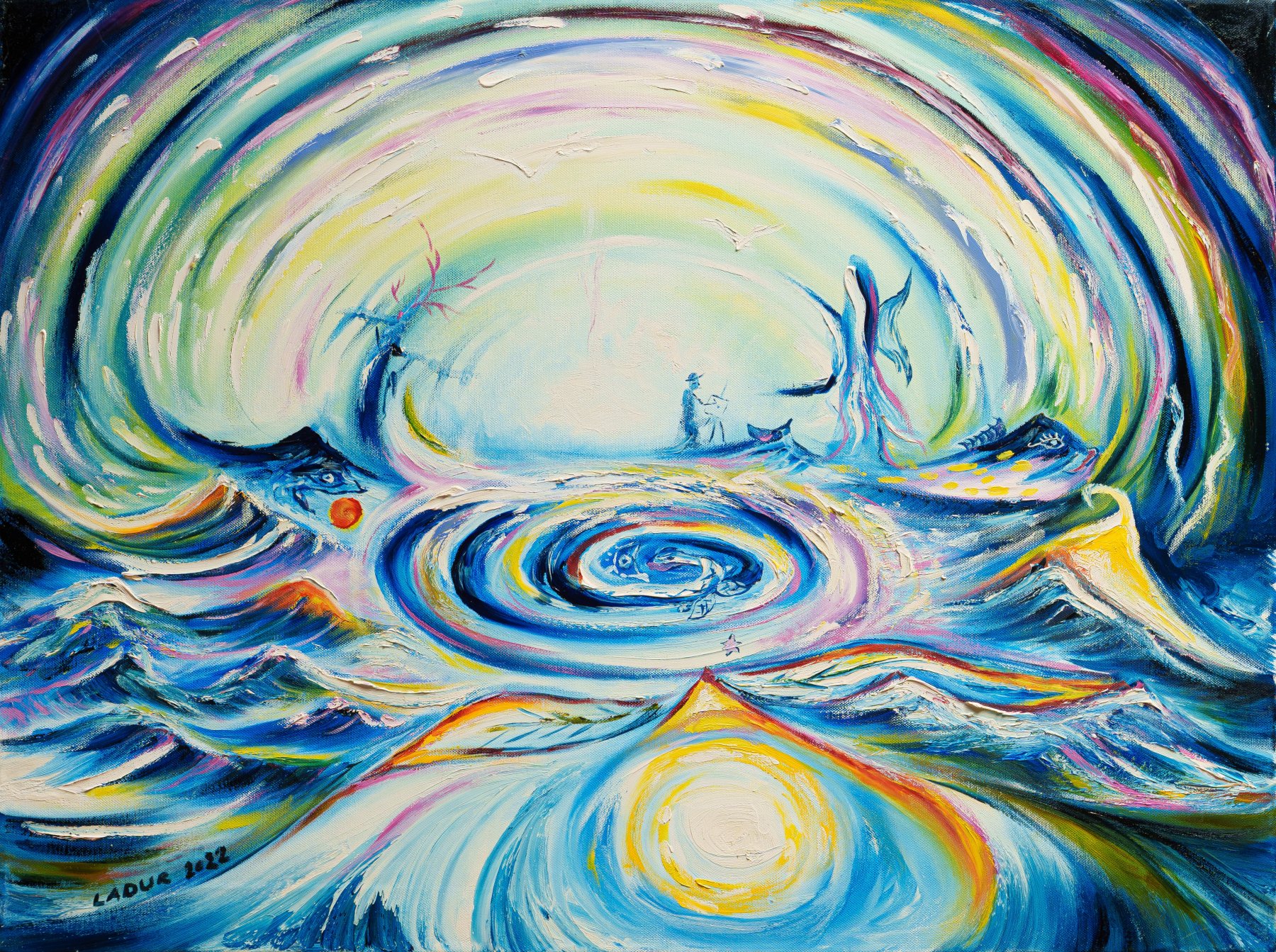 A pale vortex in blue-green, with a light near the lower edge